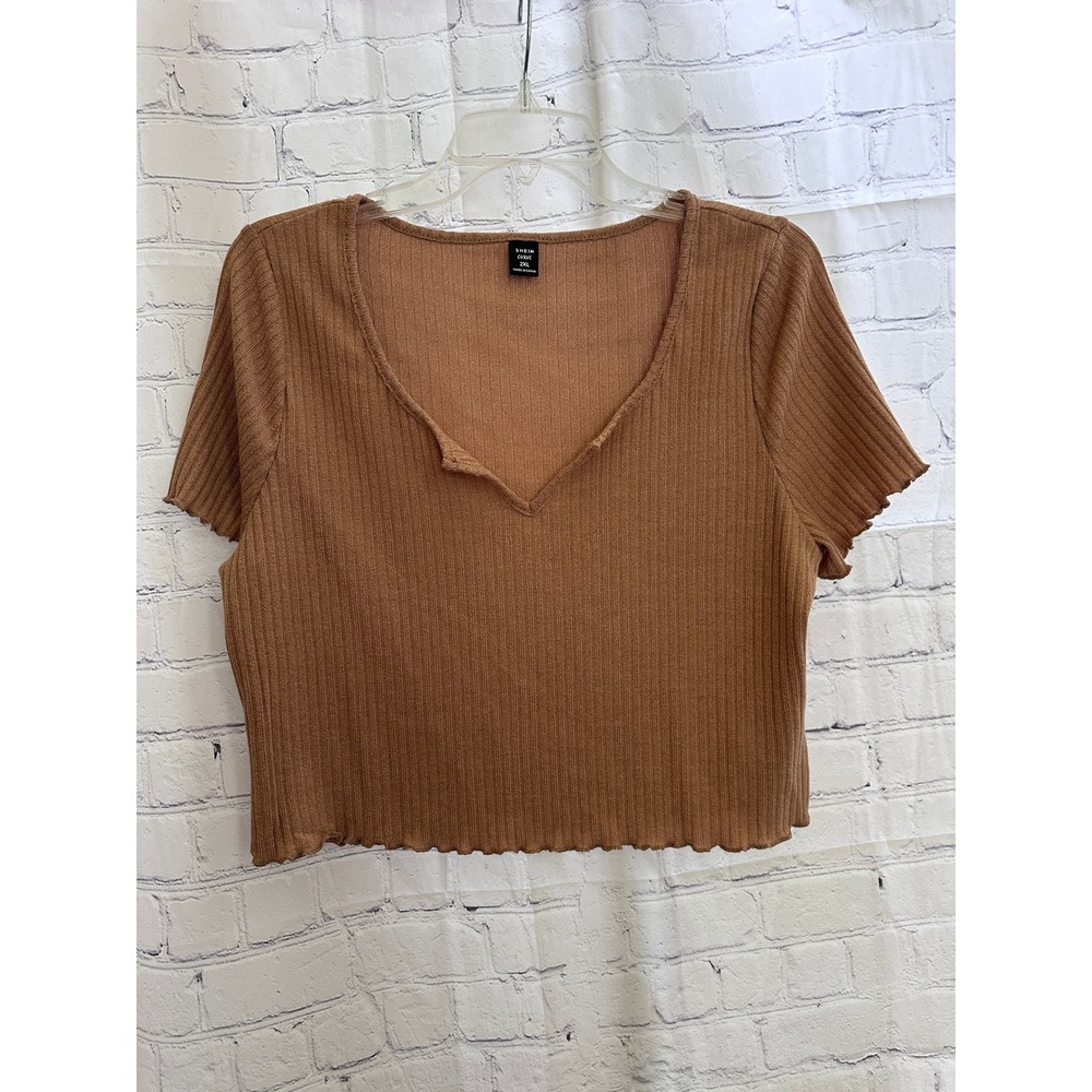 Shein Curve Ribbed Crop Top‎ Lettuce Edge V-Neck Short Sleeve Brown 2XL